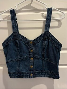 Denim Button Front Crop Tank Top L Smocked Back Stretch